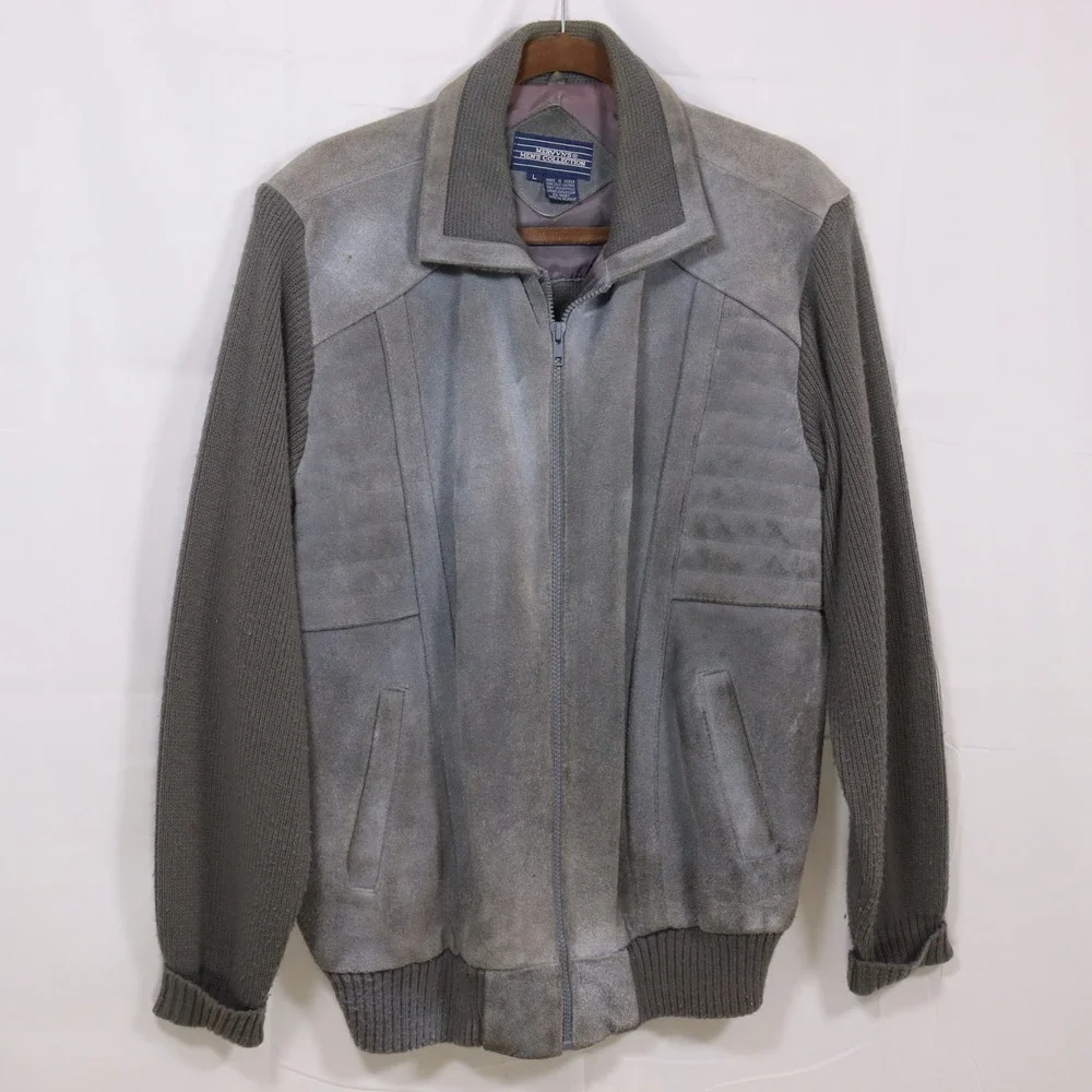 Mervyns Leather Bomber Jacket Large Grey Mens Knit Sleeve Vintage
